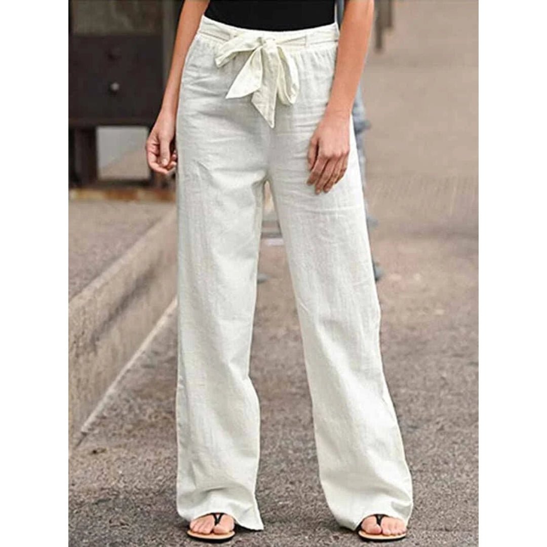 Linen Wide Leg Palazzo Trousers Drawstring Waist - Cream