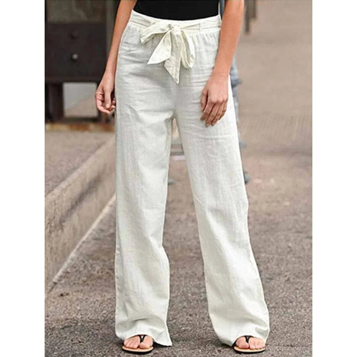Linen Wide Leg Palazzo Trousers Drawstring Waist - Cream
