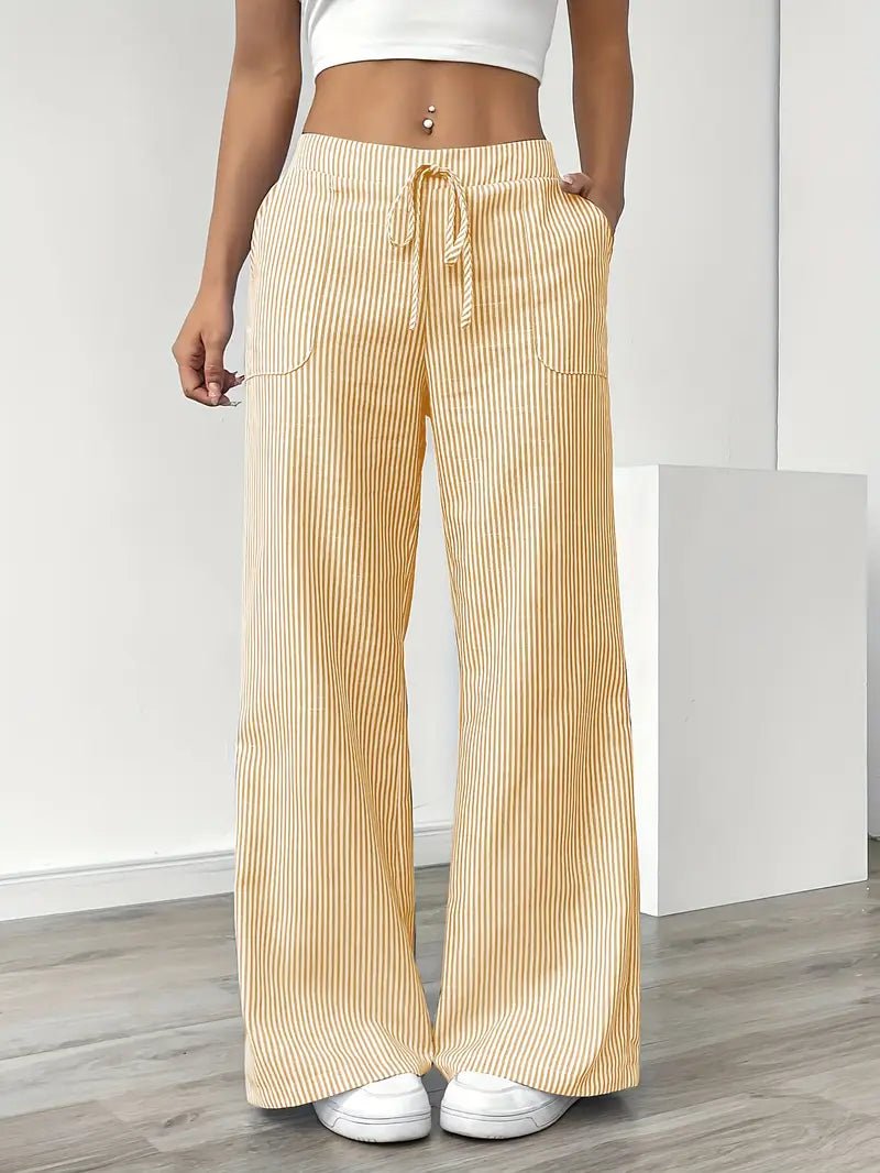 Linen Wide-Leg Striped Trousers Drawstring Waist Pockets - Yellow