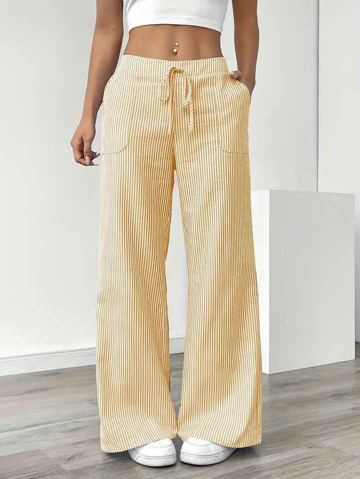Linen Wide-Leg Striped Trousers Drawstring Waist Pockets - Yellow