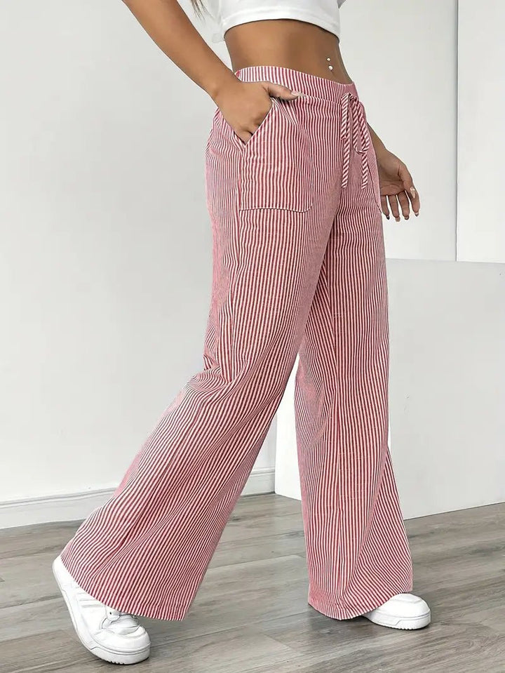 Linen Wide-Leg Striped Trousers Drawstring Waist Pockets