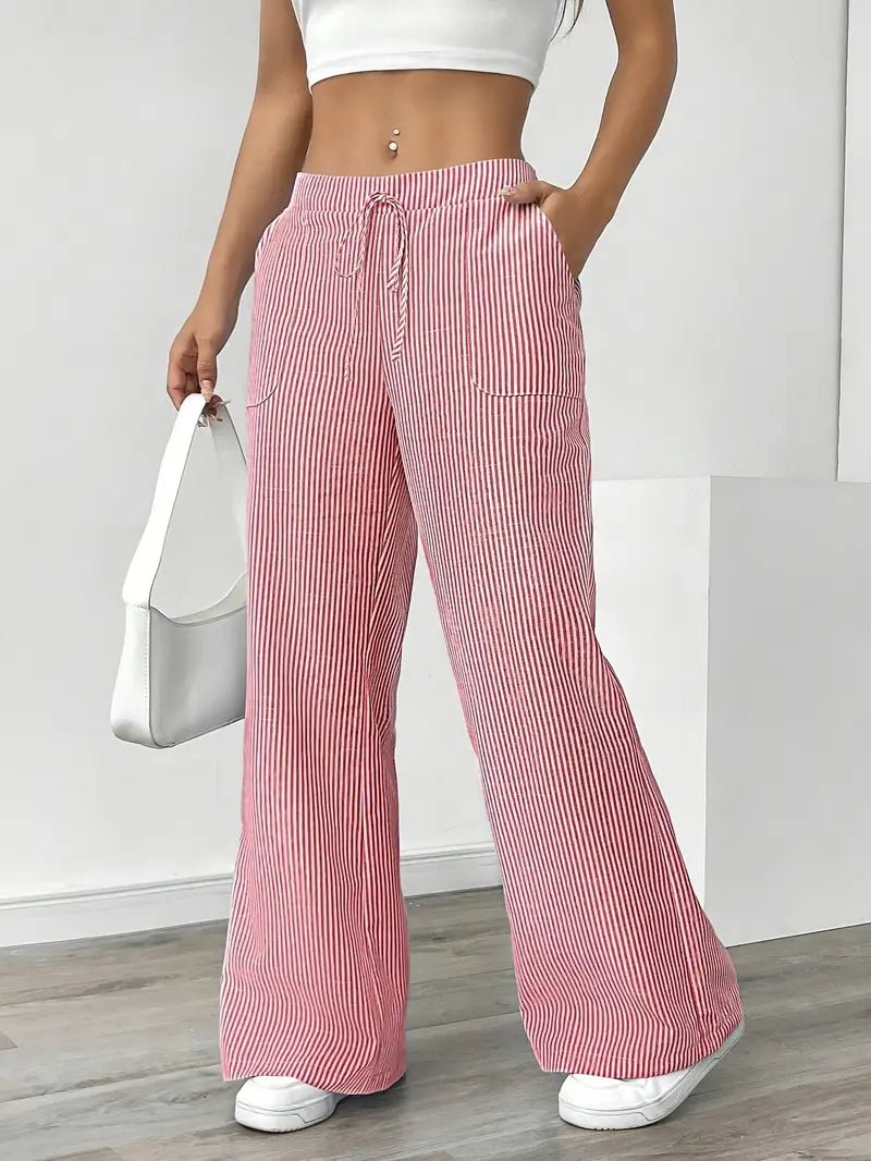 Linen Wide-Leg Striped Trousers Drawstring Waist Pockets