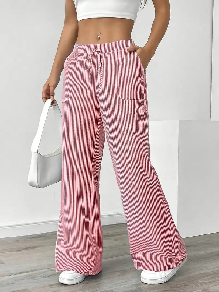 Linen Wide-Leg Striped Trousers Drawstring Waist Pockets