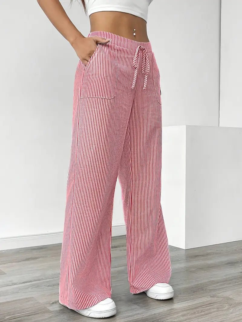 Linen Wide-Leg Striped Trousers Drawstring Waist Pockets