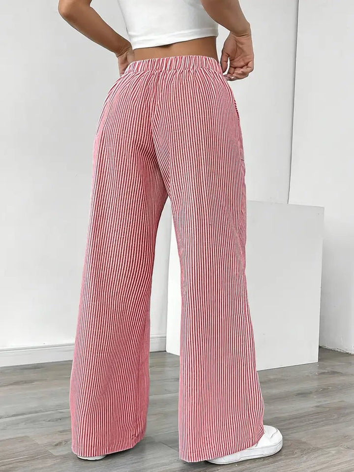 Linen Wide-Leg Striped Trousers Drawstring Waist Pockets