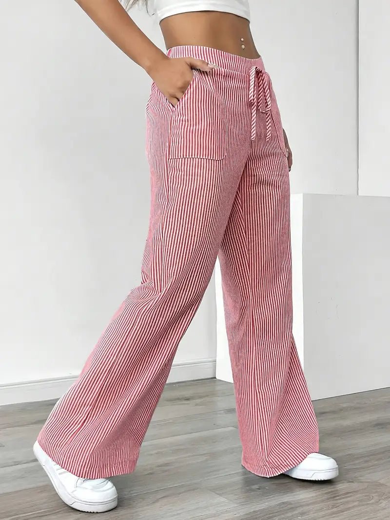 Linen Wide-Leg Striped Trousers Drawstring Waist Pockets