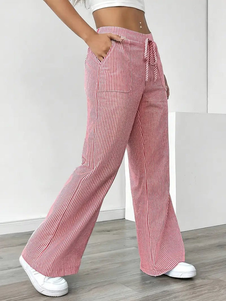 Linen Wide-Leg Striped Trousers Drawstring Waist Pockets