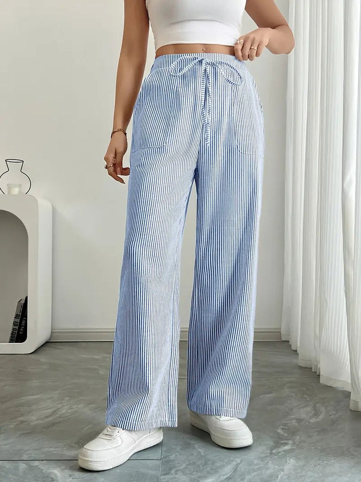 Linen Wide-Leg Striped Trousers Drawstring Waist Pockets