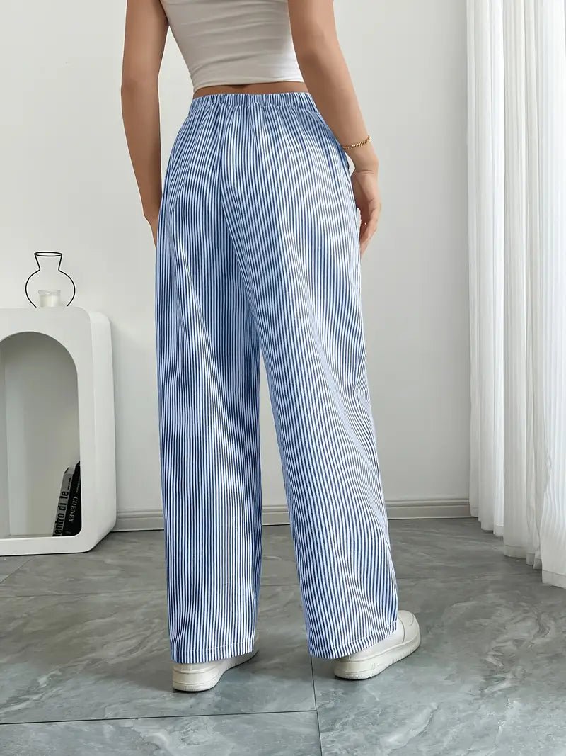 Linen Wide-Leg Striped Trousers Drawstring Waist Pockets