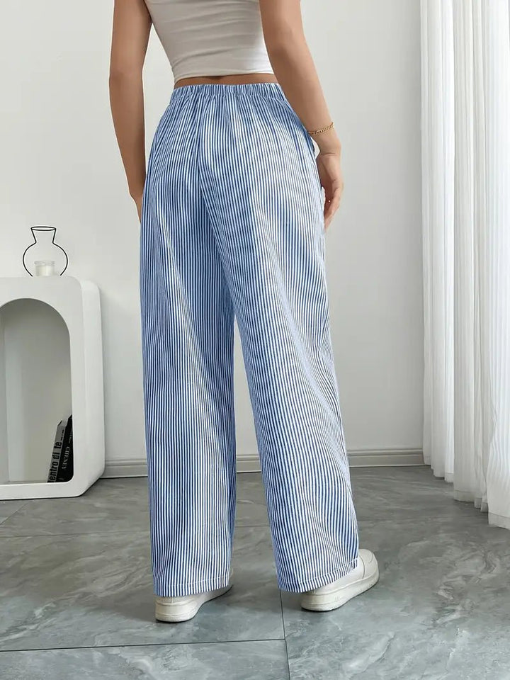 Linen Wide-Leg Striped Trousers Drawstring Waist Pockets