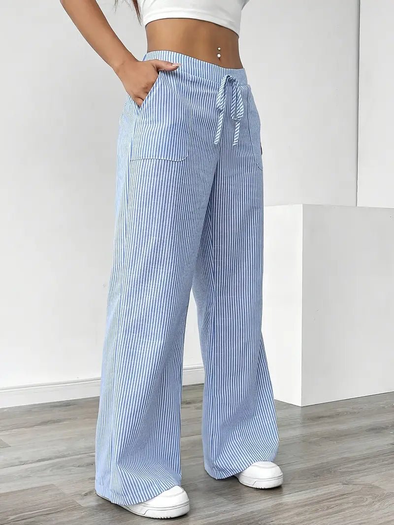 Linen Wide-Leg Striped Trousers Drawstring Waist Pockets
