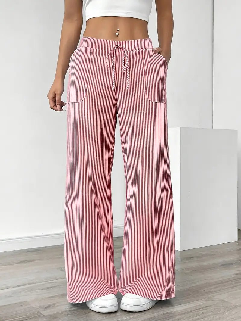 Linen Wide-Leg Striped Trousers Drawstring Waist Pockets - Pink