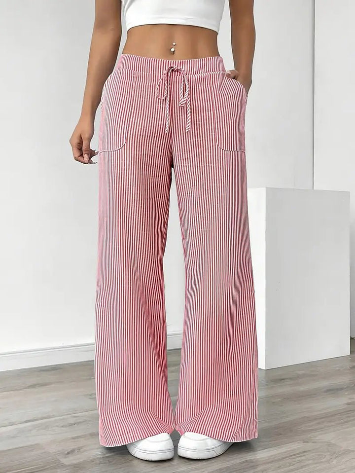 Linen Wide-Leg Striped Trousers Drawstring Waist Pockets - Pink