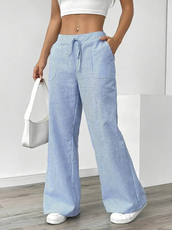 Linen Wide-Leg Striped Trousers Drawstring Waist Pockets