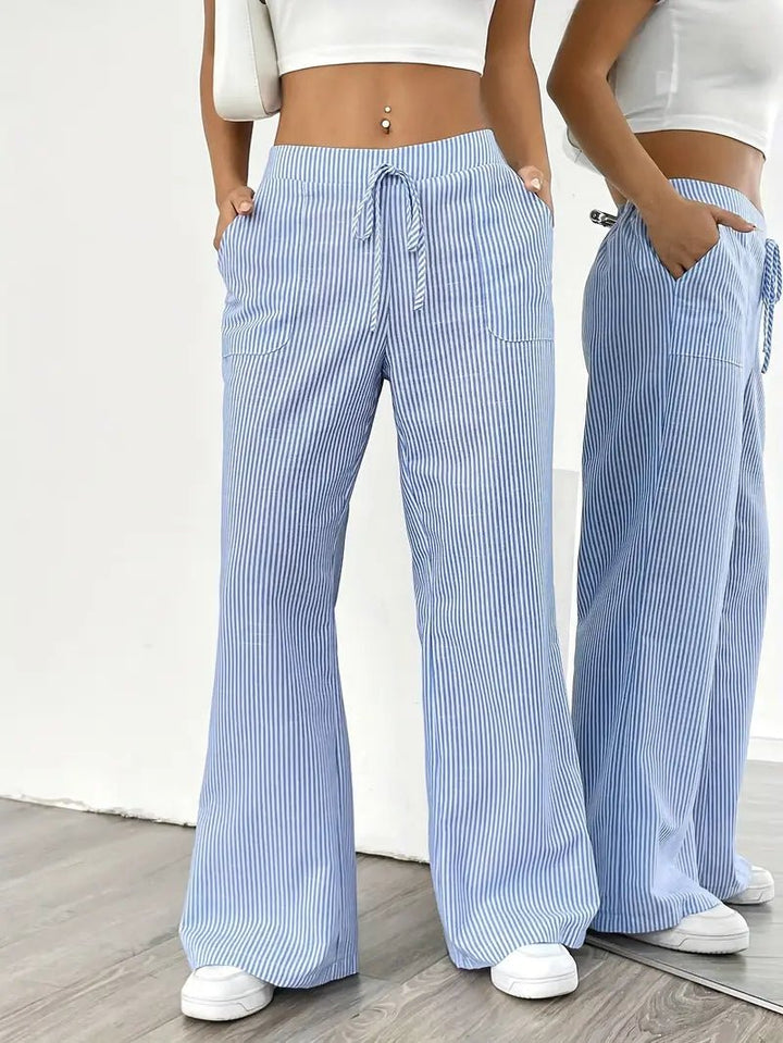 Linen Wide-Leg Striped Trousers Drawstring Waist Pockets