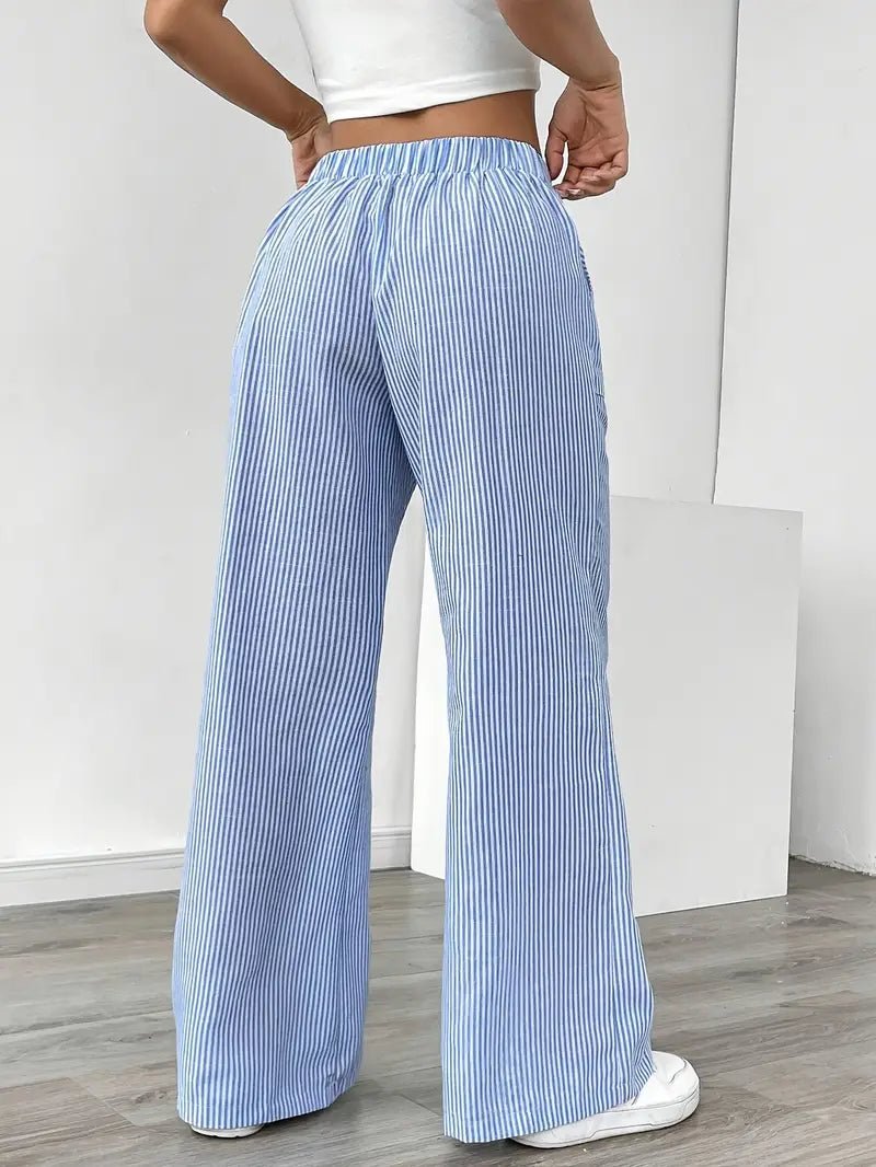 Linen Wide-Leg Striped Trousers Drawstring Waist Pockets
