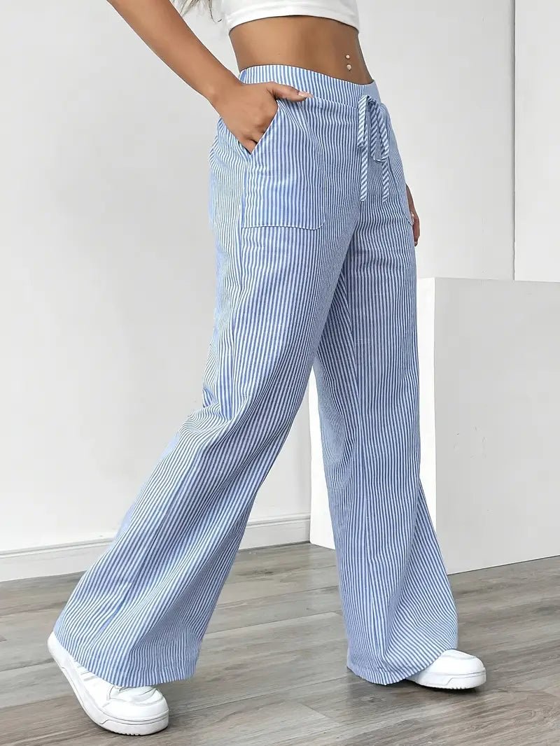 Linen Wide-Leg Striped Trousers Drawstring Waist Pockets