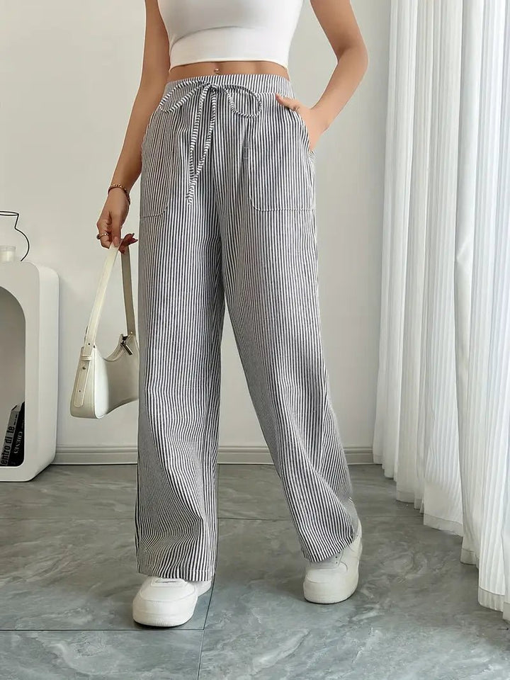 Linen Wide-Leg Striped Trousers Drawstring Waist Pockets