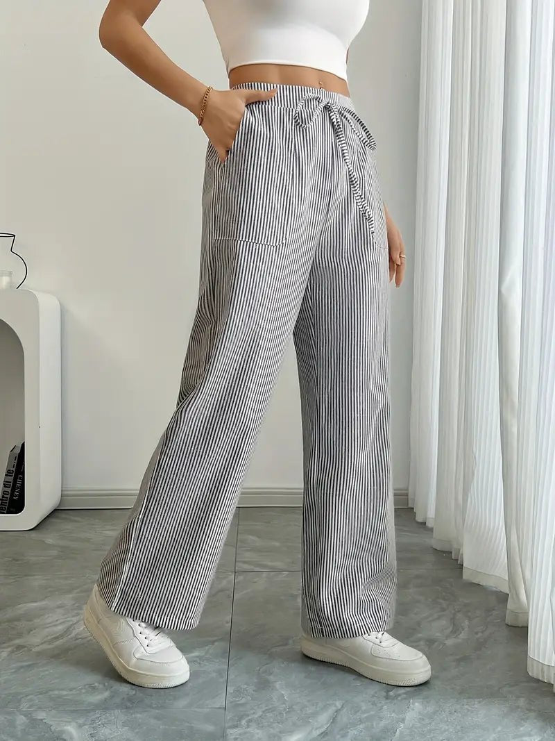Linen Wide-Leg Striped Trousers Drawstring Waist Pockets