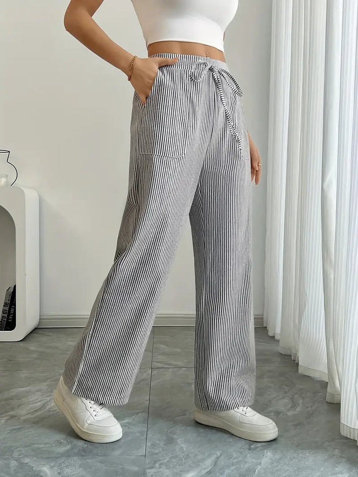 Linen Wide-Leg Striped Trousers Drawstring Waist Pockets