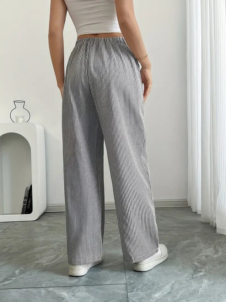 Linen Wide-Leg Striped Trousers Drawstring Waist Pockets