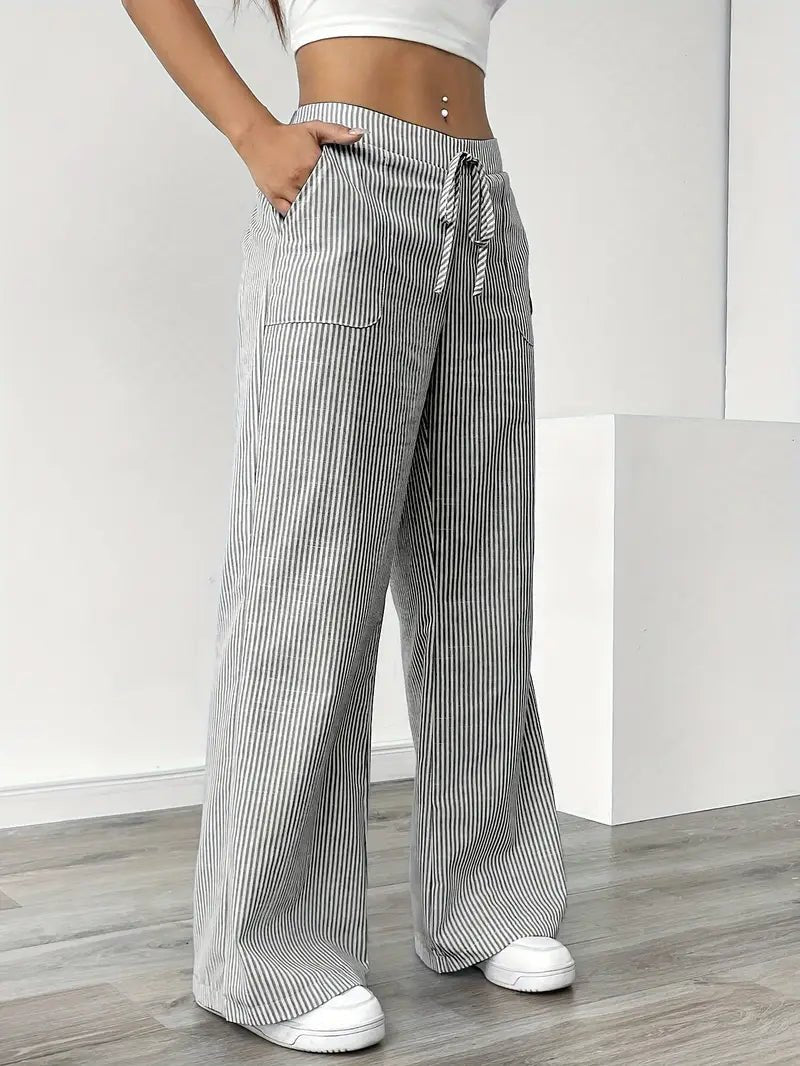 Linen Wide-Leg Striped Trousers Drawstring Waist Pockets