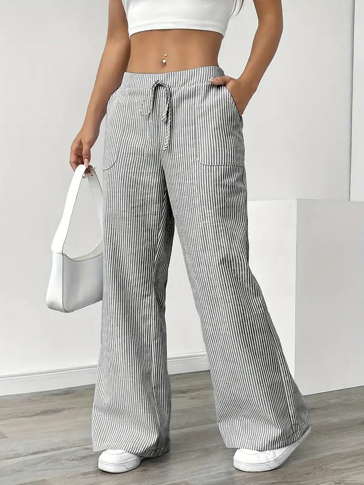 Linen Wide-Leg Striped Trousers Drawstring Waist Pockets