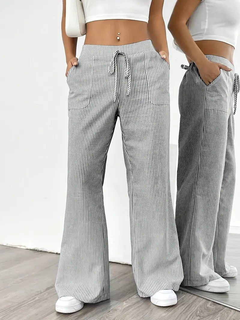 Linen Wide-Leg Striped Trousers Drawstring Waist Pockets