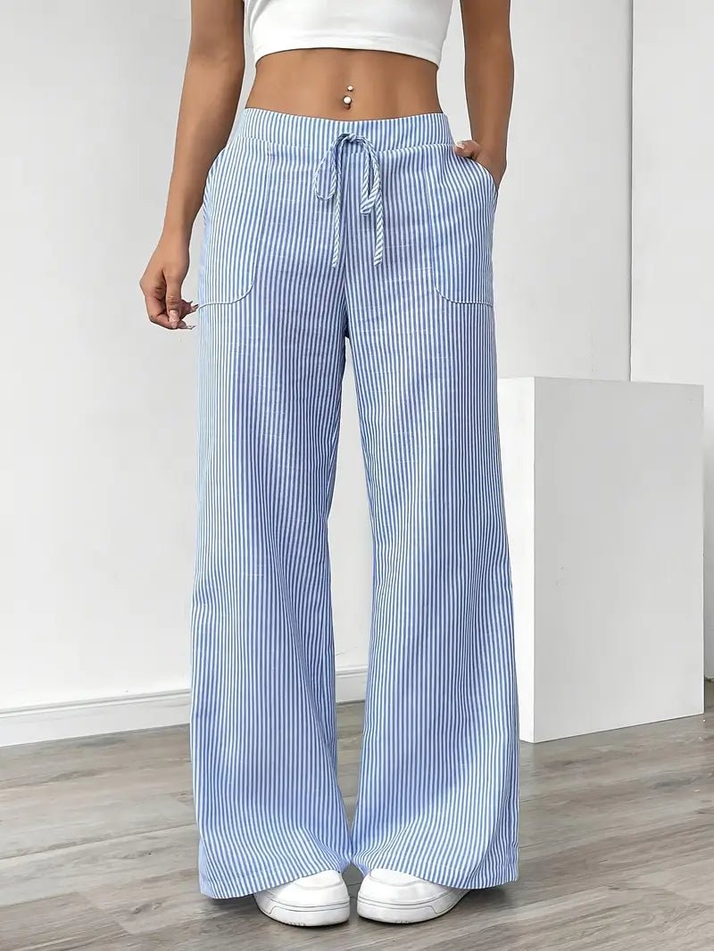 Linen Wide-Leg Striped Trousers Drawstring Waist Pockets - Blue