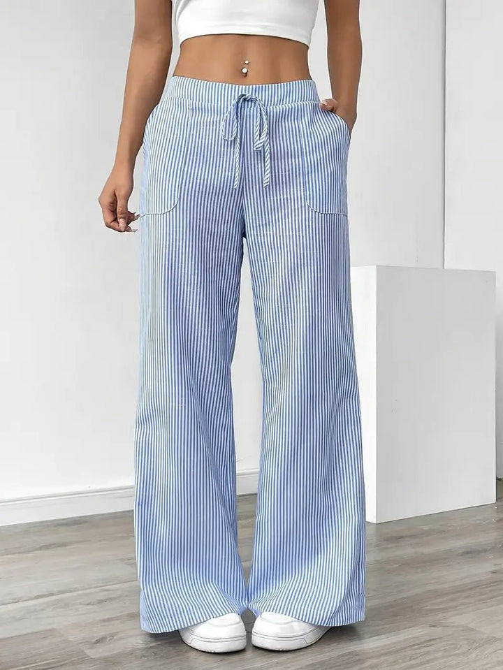 Linen Wide-Leg Striped Trousers Drawstring Waist Pockets - Blue