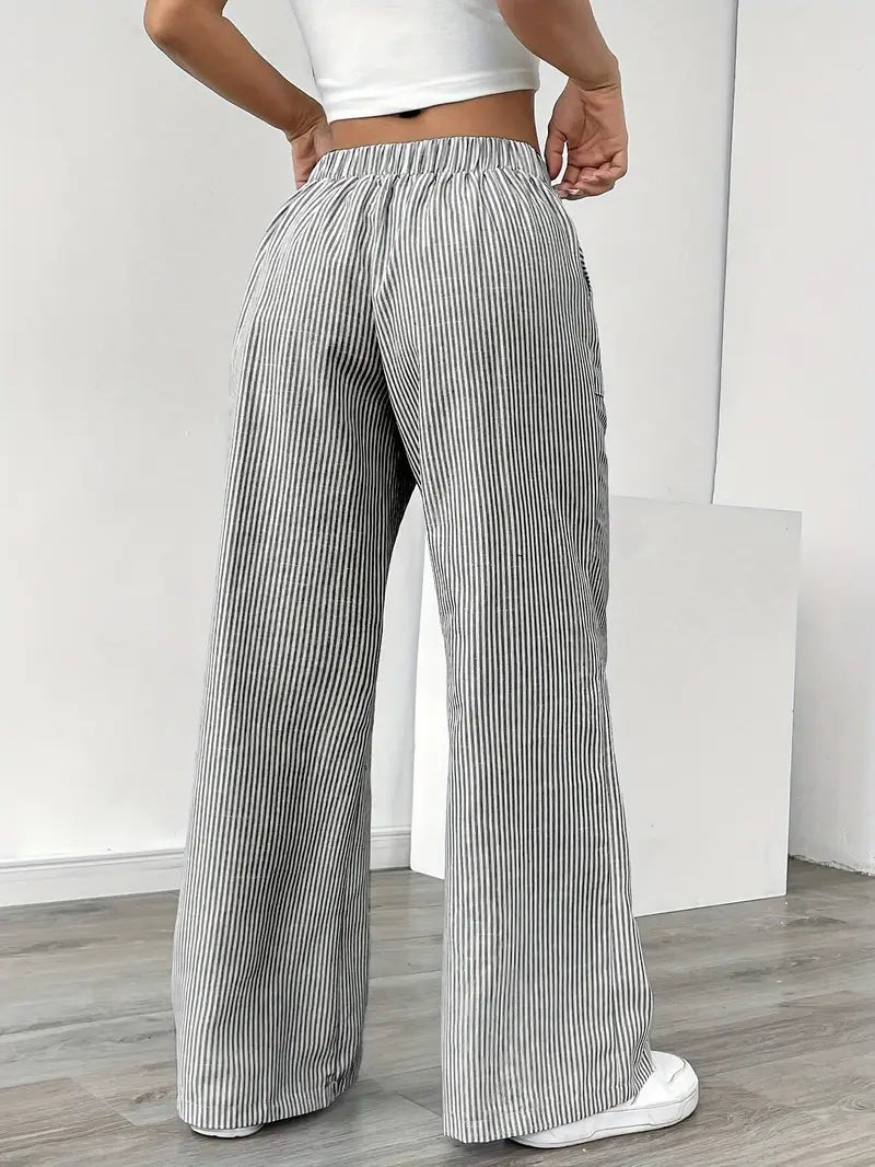 Linen Wide-Leg Striped Trousers Drawstring Waist Pockets