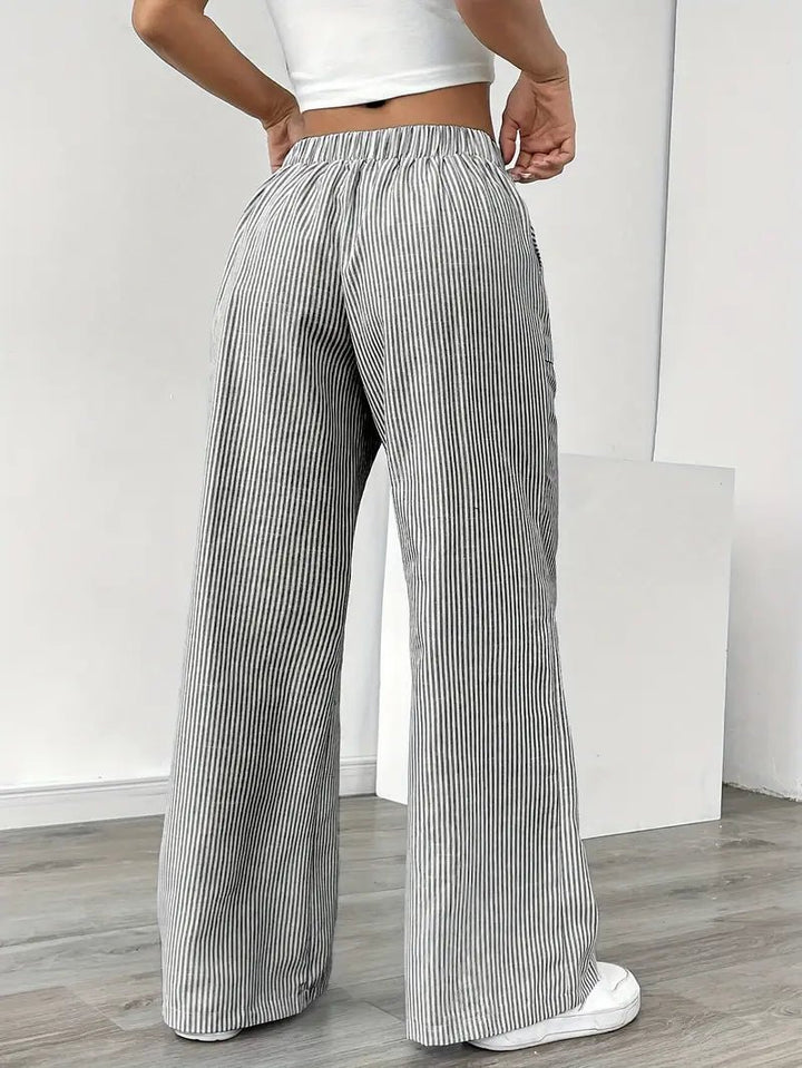 Linen Wide-Leg Striped Trousers Drawstring Waist Pockets