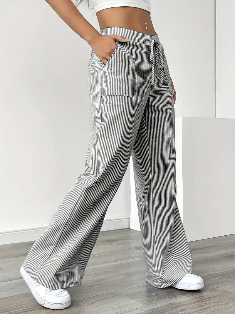 Linen Wide-Leg Striped Trousers Drawstring Waist Pockets