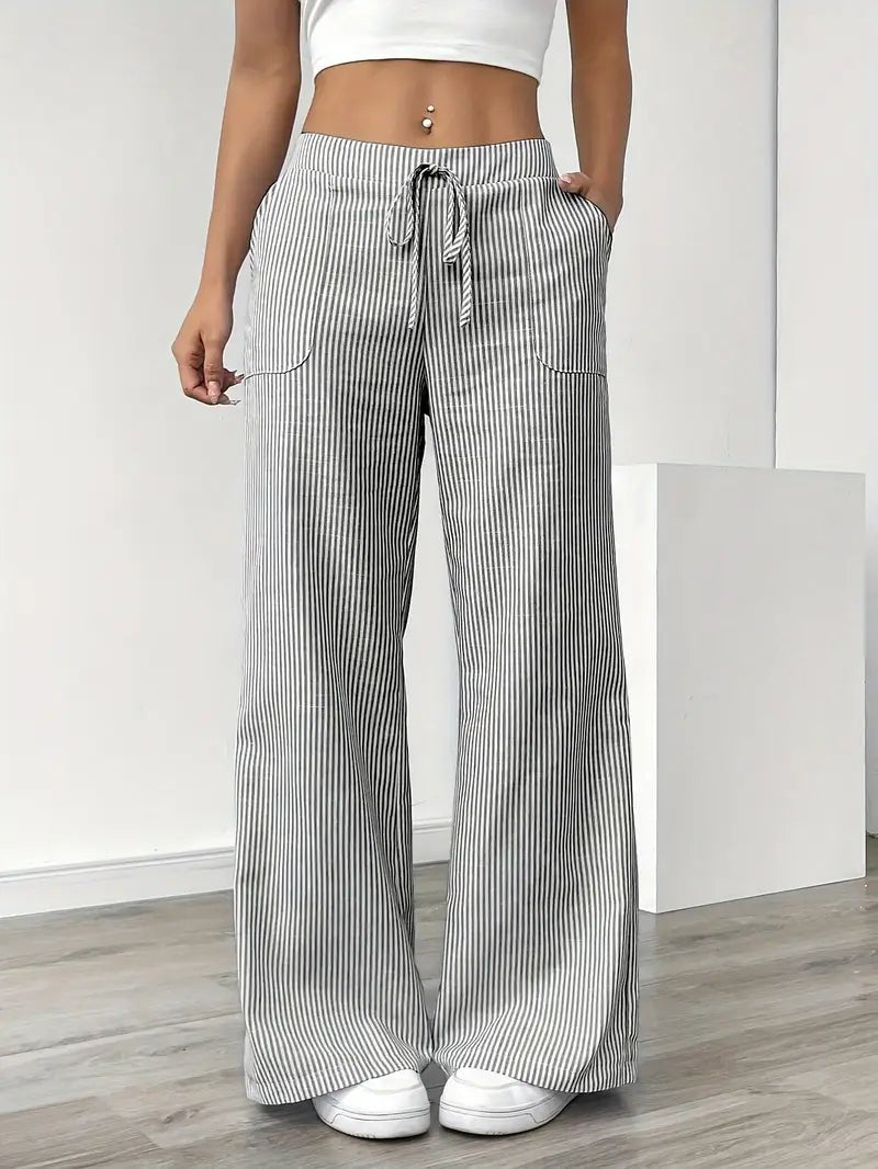 Linen Wide-Leg Striped Trousers Drawstring Waist Pockets - Grey