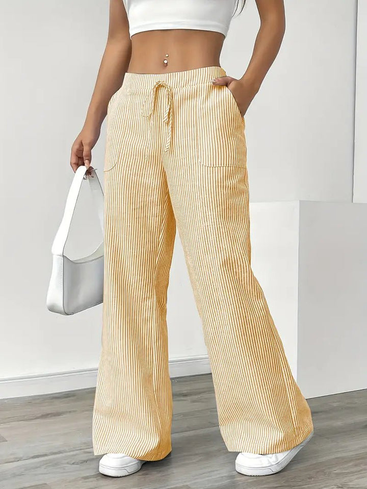Linen Wide-Leg Striped Trousers Drawstring Waist Pockets