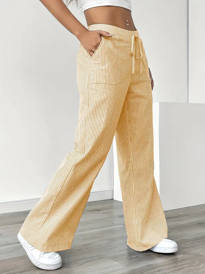 Linen Wide-Leg Striped Trousers Drawstring Waist Pockets