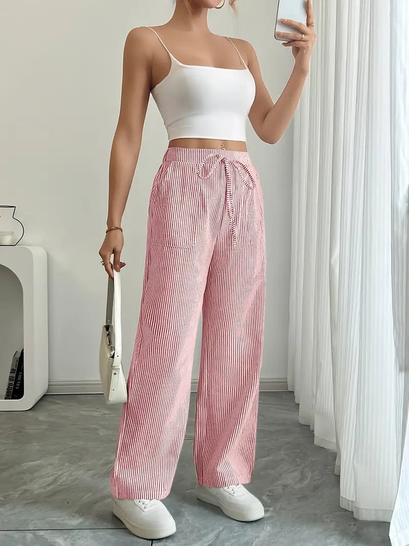 Linen Wide-Leg Striped Trousers Drawstring Waist Pockets
