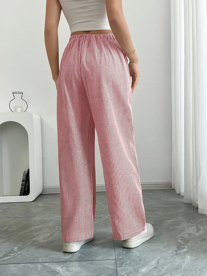 Linen Wide-Leg Striped Trousers Drawstring Waist Pockets