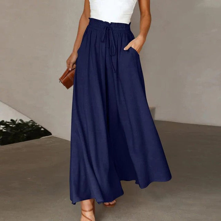 Linen Wide Leg Trousers High Waist Drawstring Pockets - Dark Blue