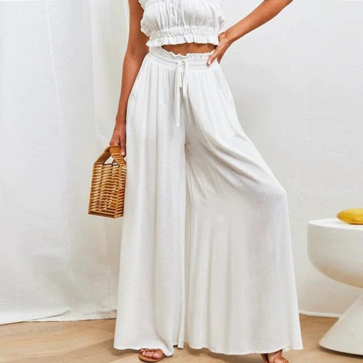 Linen Wide Leg Trousers High Waist Drawstring Pockets - White