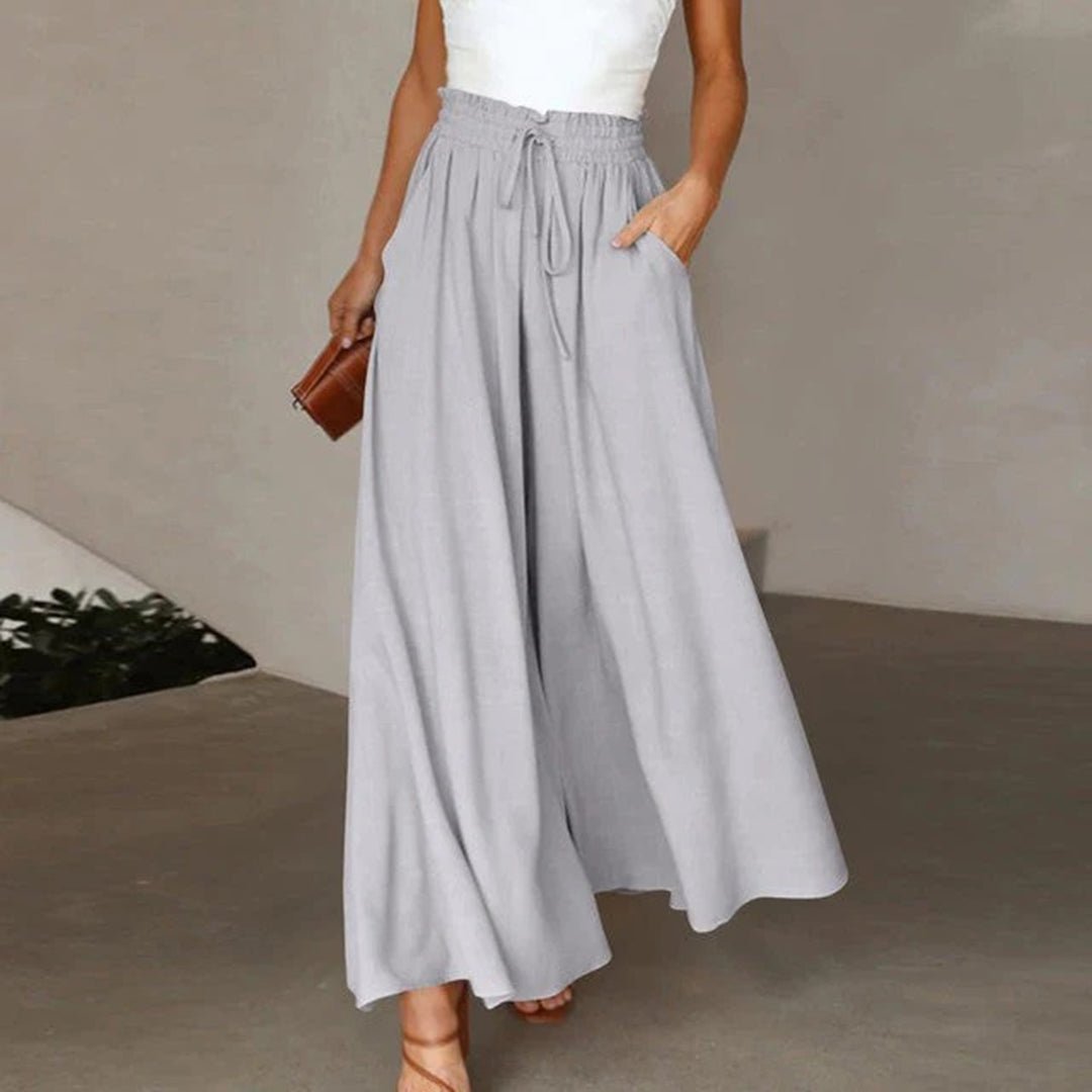 Linen Wide Leg Trousers High Waist Drawstring Pockets - Gray