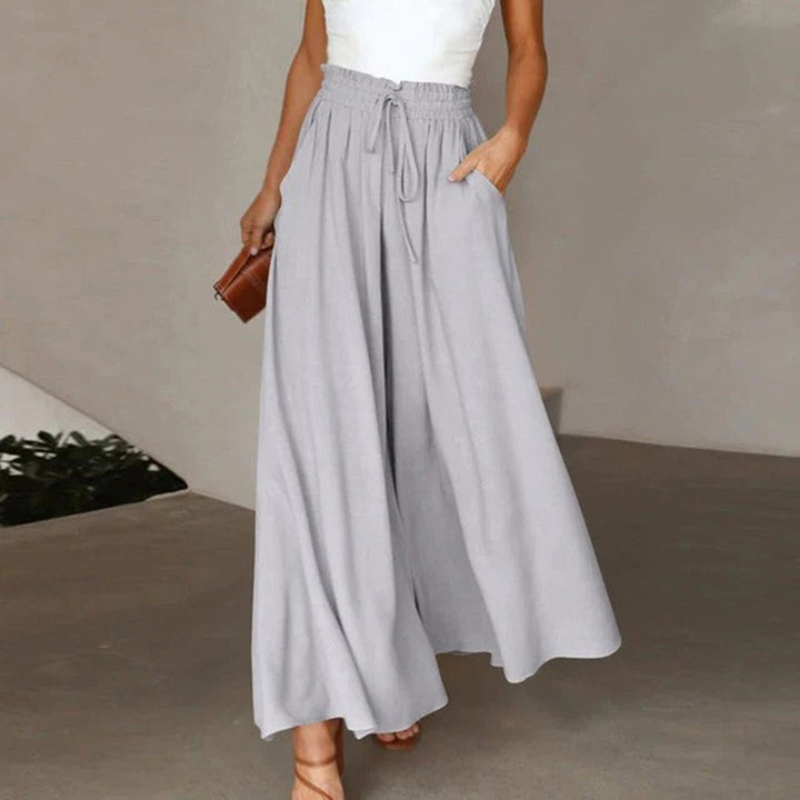 Linen Wide Leg Trousers High Waist Drawstring Pockets - Gray