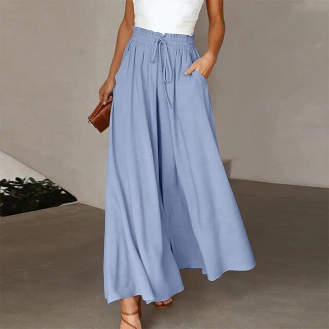 Linen Wide Leg Trousers High Waist Drawstring Pockets - Blue