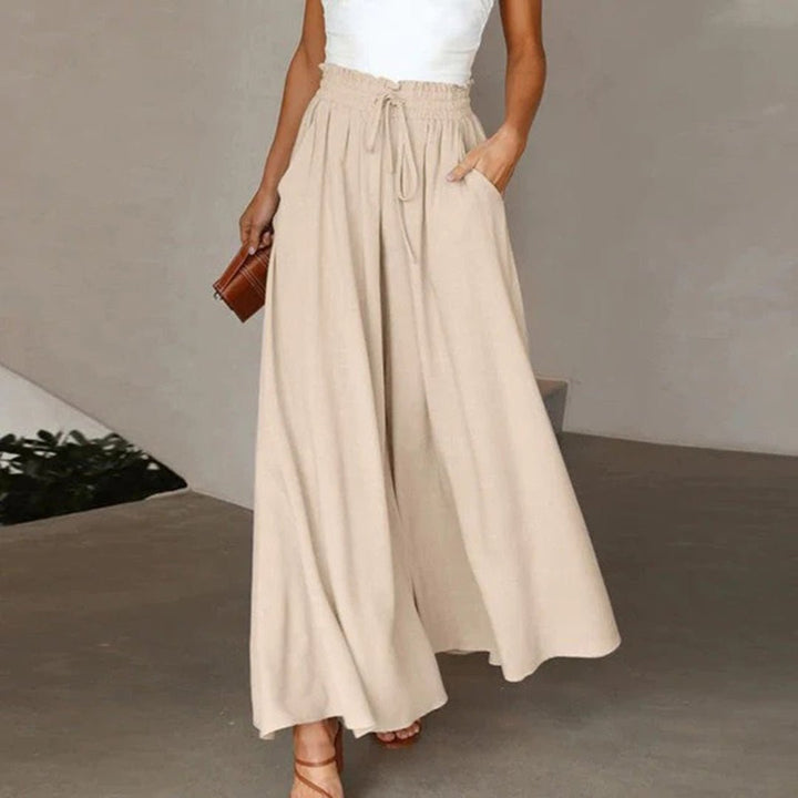 Linen Wide Leg Trousers High Waist Drawstring Pockets - Beige