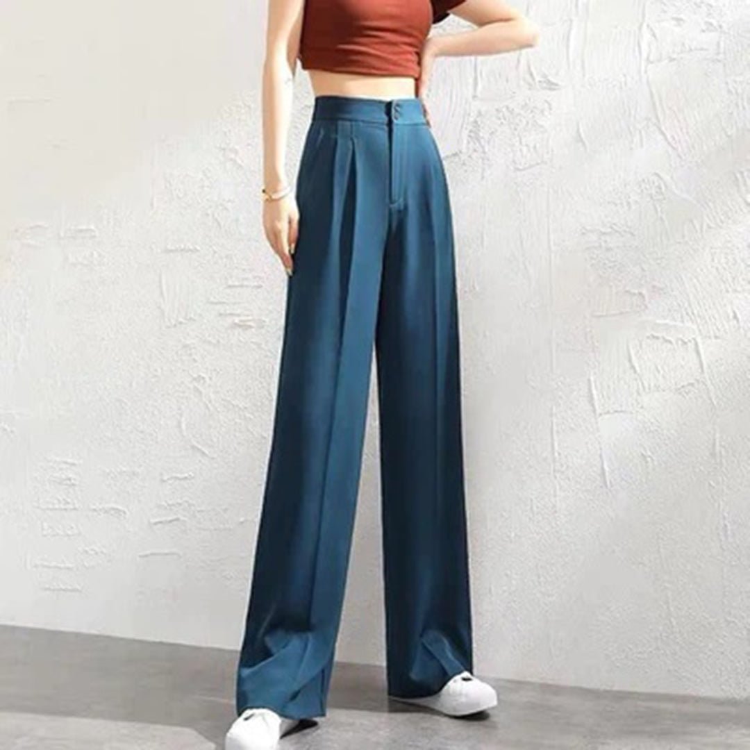 Linen Wide Leg Trousers High-Waisted Lightweight Breathable - Blue