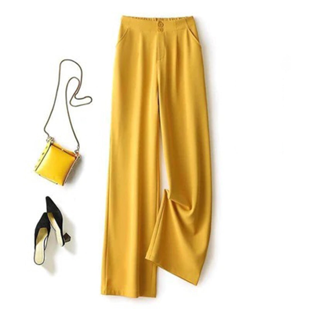 Linen Wide Leg Trousers High-Waisted Lightweight Breathable - Yellow