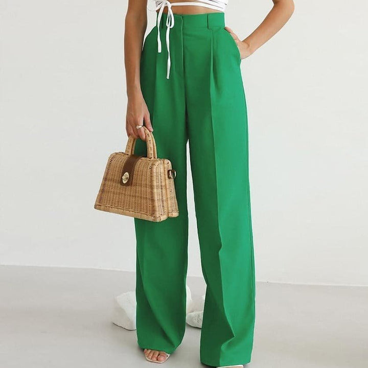 Linen Wide-Leg Trousers High-Waisted Pleated Green - Green
