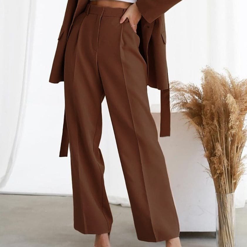 Linen Wide-Leg Trousers High-Waisted Pleated Green - Brown