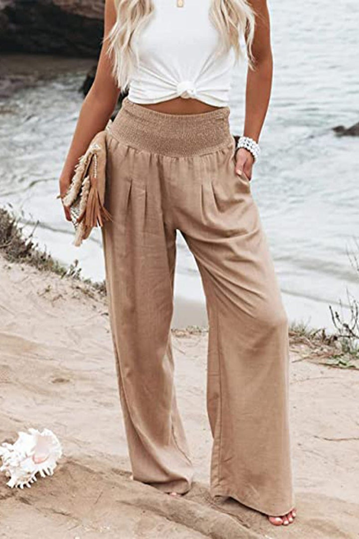 Linen Wide Leg Trousers High Waisted Smocked Waist