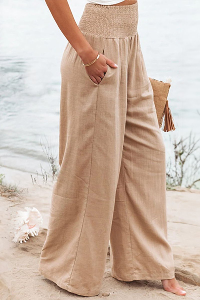 Linen Wide Leg Trousers High Waisted Smocked Waist